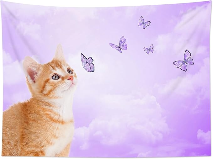 LB Funny Cat Butterfly Wall Tapestry Cute Cat with Butterfly on Fantasy Cloud Purple Sky Tapestry Animal Wall Decor for Bedroom Living Room Dorm 80Wx60L Inches