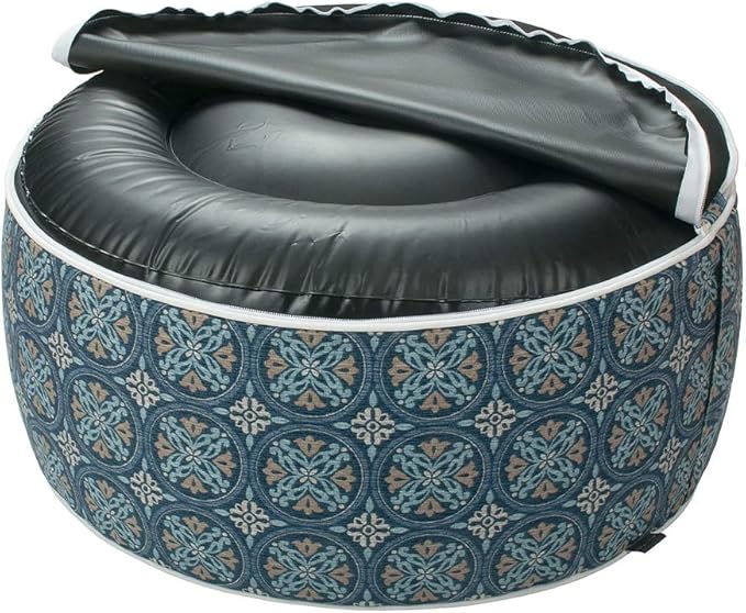 Magpie Fabrics Indoor/Outdoor Inflatable Stool Ottoman Pouf, Water Repellent Round Footrest Footstool with Foot Pump D20 xH9, Portable for Patio Garden Travel Camping or Home, Morgan Medal Blue