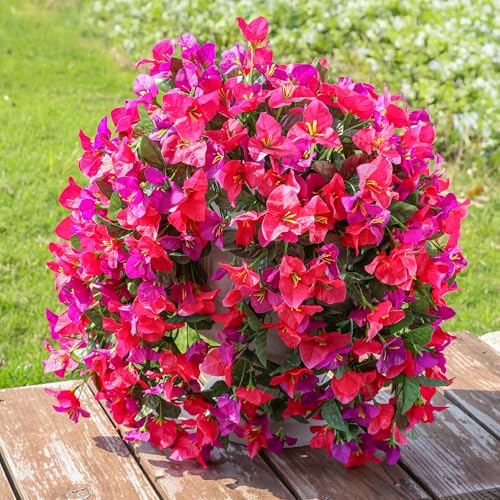 Faux Bougainvillea Artificial Flowers Plants for Outdoors Outside Decoration, 2pcs Fake Flowers Silk Long Trailing Vines UV Resistant Realistic for Front Door Porch Planter Urn Patio Balcony Yard, Mix - color: Purple Hot-pink