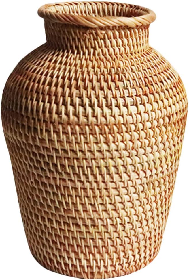 Wicker Flower Basket Vase Rustic Rattan Plant Holder Basket Woven Straw Dried Flower Vase Country Style Decorative French Tall Floor for Bathroom Bedroom Living Room