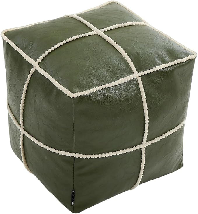 Louis Donné Square Unstuffed Pouf Ottoman Cover - Waterproof Faux Leather Footstool for Living Room, Moroccan Boho Poufs Foot Rest with Storage, Easy Clean, 18 Inch, Green（Only Cover No Filler