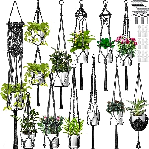 Hoteam 12 Pcs Macrame Plant Hangers Macrame Hanging Planters for Indoor Plants Handmade Boho Hanging Baskets Flower Pots Holder for Outdoor Home Wall Decor - color: Black