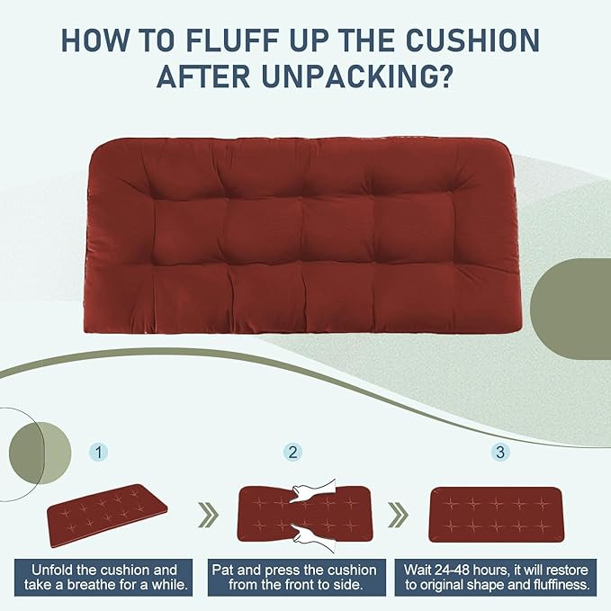 downluxe Outdoor Bench Cushion for Patio Furniture, Water Resistant Tufted Overstuffed Porch Swing Cushions, Thick Outdoor Loveseat Cushions, 48" X 18" X 5", Brick Red, Set of 1