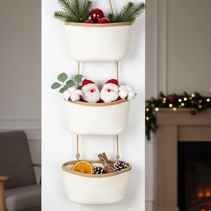 TeoKJ 3-Tier Wall hanging Storage Bags, Over the Door Organizer, Decorative Cotton Rope Hanging Baskets, White & Dark Brown