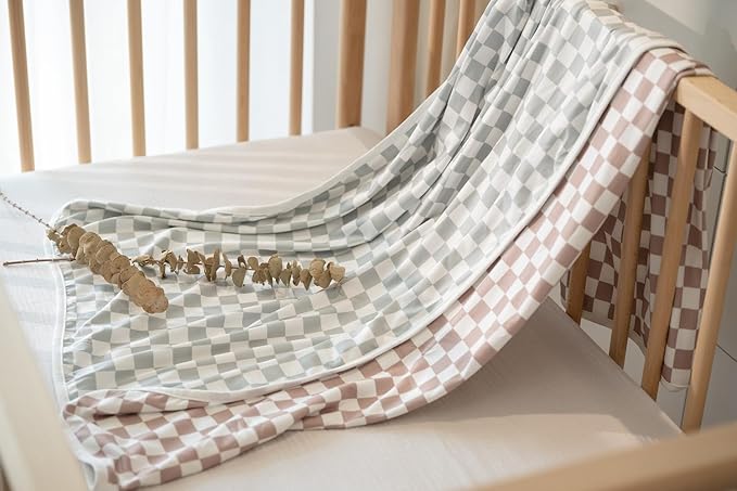 Little Jump 2- Layers Jersey Knitted Swaddle Blanket, Premium Baby Blanket,Soft Stretchy Quilt for Babies, Toddlers, Kids (Coffee & sage cherckered)