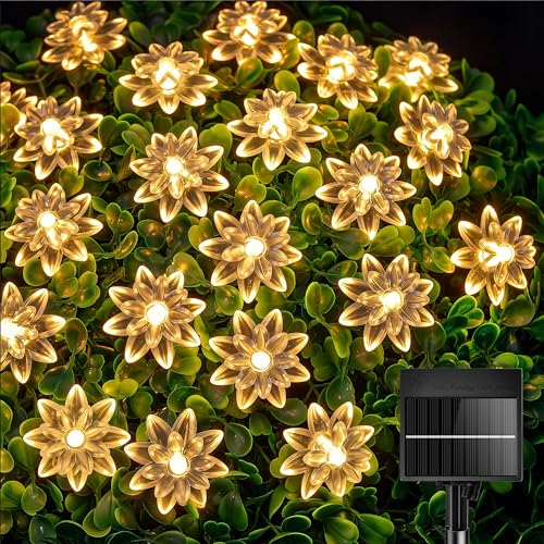 Brightown 50 LED Warm White Solar Flower String Lights Outdoor, IP65 Waterproof Fairy Lights, 8 Modes Solar Christmas Lights Outdoor for Garden Fence Yard Lawn Tree Wedding Party - color: Warm White, size: 1 Pack