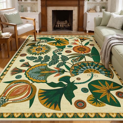 Joydeco Egypt Floral Boho 6x9 Area Rugs for Living Room, Beige Washable Bedroom Dining Room Rug Non Slip, Low Plie Vintage Soft Indoor Throw Carpet for Playroom Nursery Dorm Classroom - color: Beige, size: 6' x 8'11" (Rectangular)