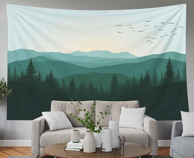 EMMTEEY Nature Tapestry Green Mountains Forest 60X50 Inch Ceiling Tapestry Wall Art Hanging Tapetries for Bedroom Living Room Dorm Décor