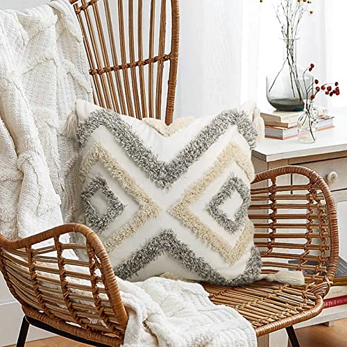 Merrycolor White Grey Boho Pillow Covers 20x20 with Tassels Tufted Decorative Gray Throw Pillows Neutral Modern Accent Pillowcase Farmhouse Square Cushion Covers for Couch Sofa Bedroom Living Room - color: Grey and White 1, size: 20" x 20" (Pack of 1)