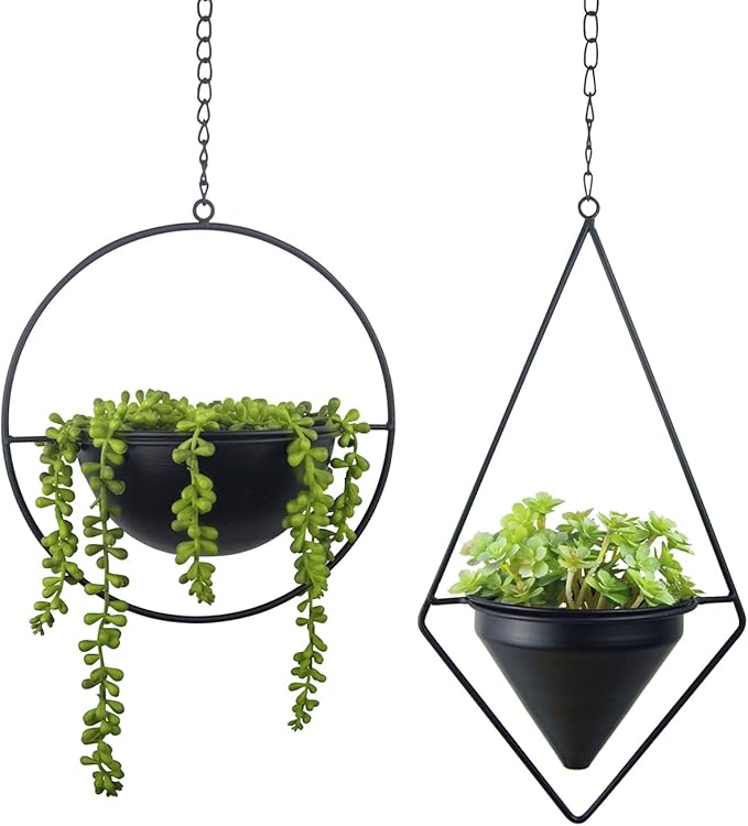 Metal Hanging Planters Set of 2 Modern Indoor Plant Hanger with Round and Diamond Pots, Geometric Small Wall and Ceiling Hanging Plant Holders for Succulents and Herbs, Black Finish