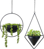 Metal Hanging Planters Set of 2 Modern Indoor Plant Hanger with Round and Diamond Pots, Geometric Small Wall and Ceiling Hanging Plant Holders for Succulents and Herbs, Black Finish