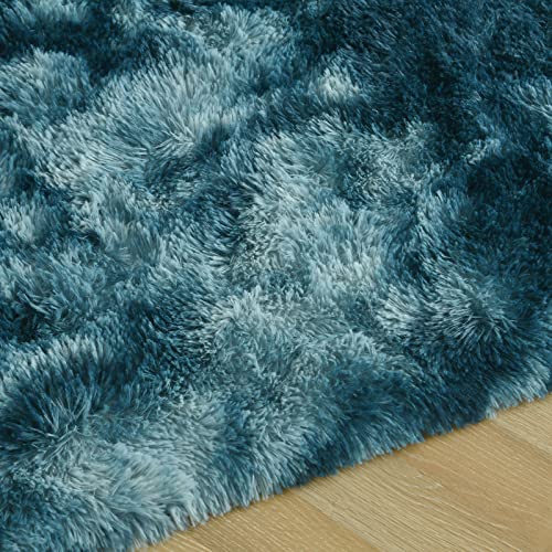 DweIke Fluffy Peacock Blue Rugs for Bedroom Living Room, 3x5 Feet Soft Plush Shaggy Tie-Dyed Teal Blue Girls Boys Kids Rug, Upgraded Non-Slip and Machine Washable Carpet for Dorm Nursery Decor - color: Peacock Blue, size: 3 Ft X 5 Ft