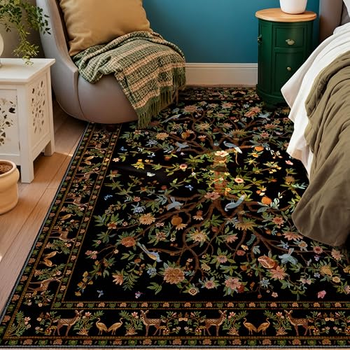 Black Area Rug 3x5 Washable, Non-Slip Small Rug Carpet, Floral Boho Low Pile Soft Throw Rugs for Entryway, Bedroom, Kids Room, Dorm, Office, Nursery, Vintage Home Decor - color: Black, size: 5' x 3' (Rectangular)
