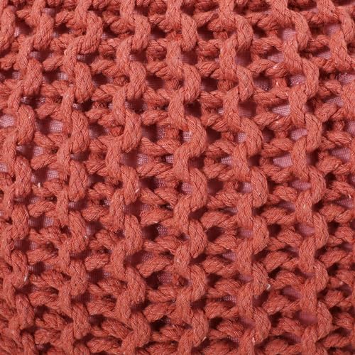 Round Boho Pouf Ottoman - Cable Knitted Cord Boho Pouffe - Stuffed Poof Accent Beanbag Footrest for Living Room - Nursery - Bedroom - Covered Patio - Study Nook (20"x20"x13") (Coral) - color: Coral