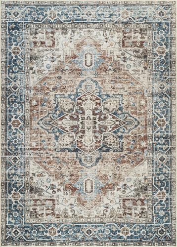Bloom Rugs Caria Washable Non-Slip 6x9 Rug - Terracotta/Blue Traditional Area Rug for Living Room, Bedroom, Dining Room, and Kitchen - Exact Size: 6' x 9' - color: Terracotta / Blue, size: 6' x 9' (Rectangular)