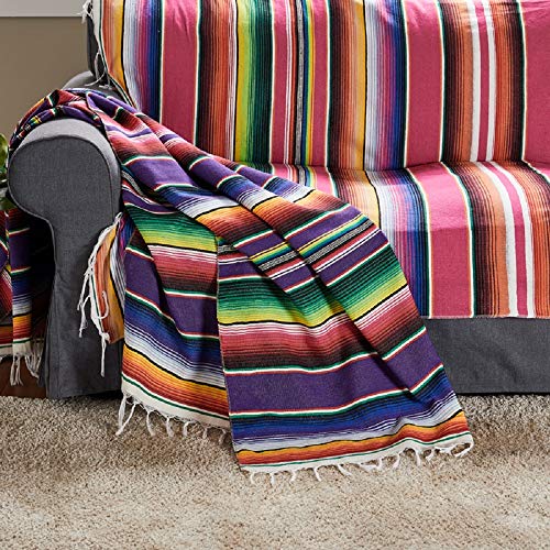 Xplanet Mexican Serape Blanket, 84 X 59 Inch, Cotton, Rectangular, Rose Pink, Tablecloth, All-Season, Tassel - color: Rose Pink