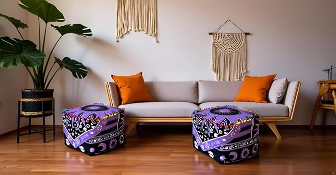 CRAFT KALA Large Hippie Mandala Meditation Floor Ottoman Pillow Cushion Pouf Cover Square Poufs Cover Bohemian Circle Floor Cushion Cover Outdoor Living Room Decor 22X22X14 inches, Purple Burning Sun