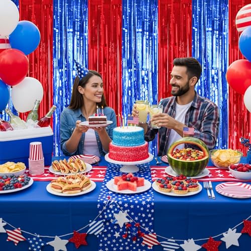 TONIFUL 2 Packs Red and Blue Carnival Foil Fringe Curtains 3.3 x 6.6 ft Metallic Tinsel Streamers Backdrop for Patriotic Celebration Baby Shower Circus Theme Birthdays Party Photo Booth Decorations - color: Red Blue