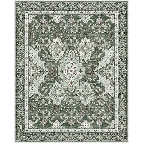 AMTOVO 8x10 Area Rugs for Living Room, Non-Slip Large Boho Vintage Medallion Floral Retro Print Pattern Carpet for Bedroom Dining Room Home Office Nursery Dorm Farmhouse, Dark Green - color: Dark Green, size: 8' x 10' (Rectangular)