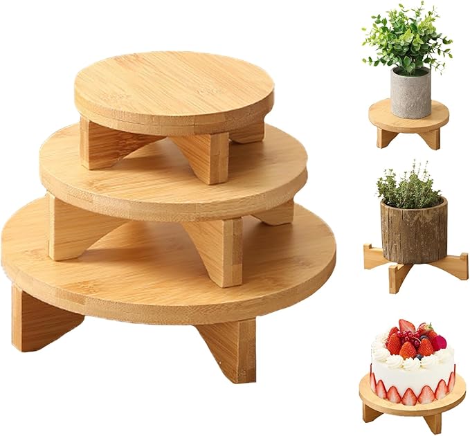 3-Piece Round Wooden Plant Stand Set - Indoor/Outdoor Modern Flower Pot Holder, Decorative Wood Riser for Plants, Small Planter Tray, Mini Wooden Stool Display Stand (Pot & Plant Not Included)