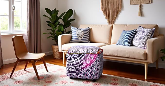 CRAFT KALA Large Hippie Mandala Meditation Floor Ottoman Pillow Cushion Pouf Cover Square Poufs Cover Bohemian Circle Floor Cushion Cover Outdoor Fireplace Living Room Decor 18X18X14 inches,Pink Ombre