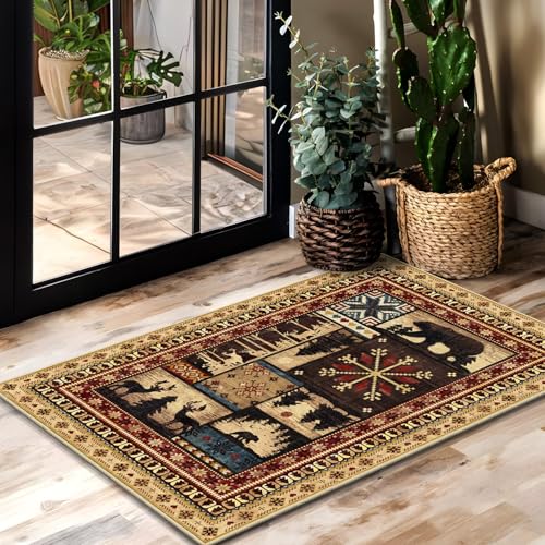 LOKHOM Rustic Bear Area Rug 2x3 Washable Entryway Rug, Vintage Western Buffalo Bear Decor Doormat Front Door Rug, Non Slip Low Pile Cabin Accent Carpet for Kitchen Entryway Bathroom - color: Vintage Bear, size: 2' x 3' (Rectangular)