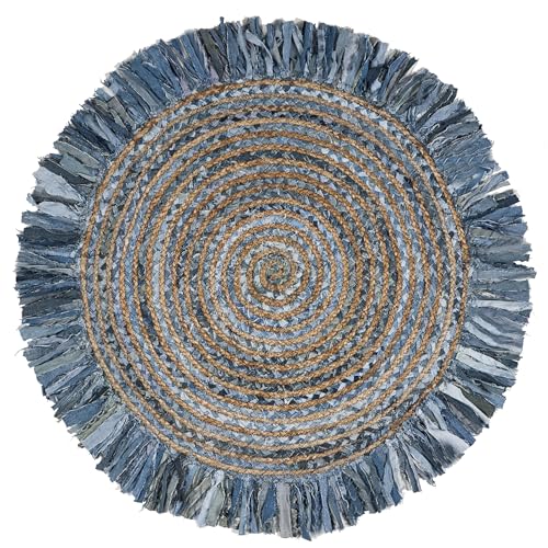 SAFAVIEH Cape Cod Collection Area Rug - 4' Round, Ivory & Denim, Handmade Boho Fringe Jute & Cotton, Ideal for High Traffic Areas in Living Room, Bedroom (CAP206D) - color: Ivory/Denim, size: 4' (Round)