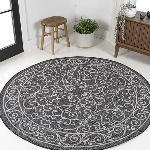 JONATHAN Y Vintage Filigree Indoor Outdoor Round Area Rug 3 Ft Black/Gray, Charleston Textured Weave for Backyard, Patio, Porch, Easy-Cleaning, High Traffic, Pet-Friendly, Non-Shedding (SMB106G-3R) - color: Black/Gray, size: 3'1" (Round)