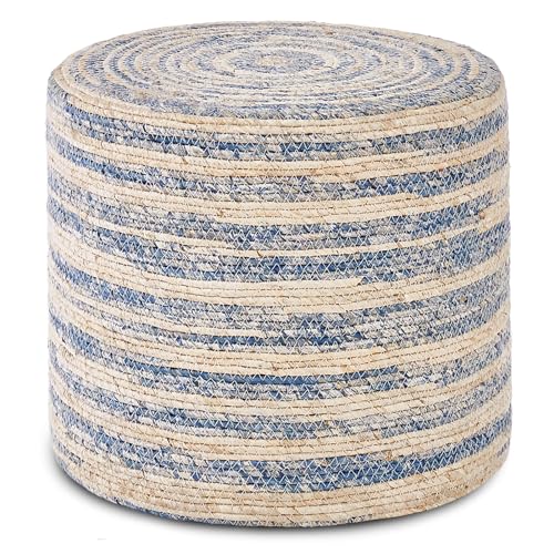 Wimarsbon 18'' Ottoman Pouf, Natural Braided Poof, Rustic Handweave Lounge Pouffe, Boho Footrest Stool for Bedroom, Accent Table for Living Room (Blue Corn Husk) - color: 18inch Natural & Blue Corn Husk