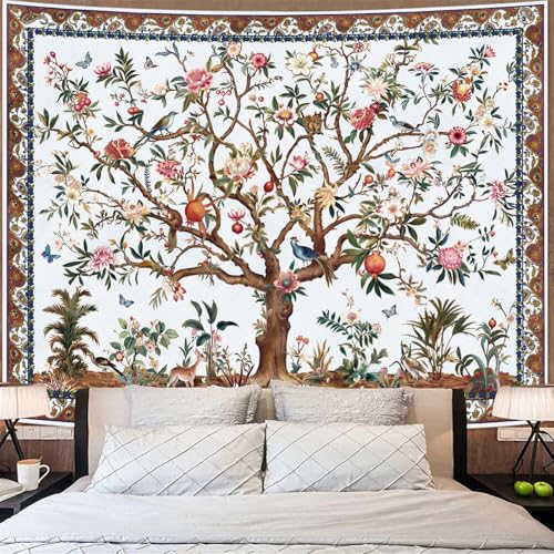 Faxdong Boho Tree of LIfe Tapestry, Vintage Flower Leaves Birds Plant Animal Pattern Tapestries, Retro Indian Bohemian Aesthetic Wall Hanging White 36×48 inch - color: White, size: 48"L x 36"W