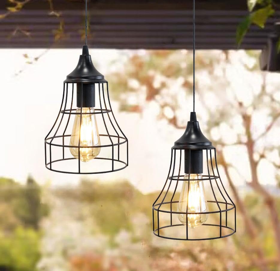 JHY DESIGN Set of 2 Battery Powered Chandelier Pendant Lights Boho Hanging Metal Cage Lamps with 6 Hours Timer for Bar Bedroom Garden Parties Patio Indoor Outdoor Gazebo Pergola(Geometry) - size: 9.5 inches, Set of 2, Geometry