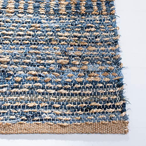 SAFAVIEH Cape Cod Collection Area Rug - 6' Square, Natural & Blue, Handmade Flat Weave Coastal Braided Jute, Ideal for High Traffic Areas in Living Room, Bedroom (CAP353A) - size: 6' x 6' (Square)
