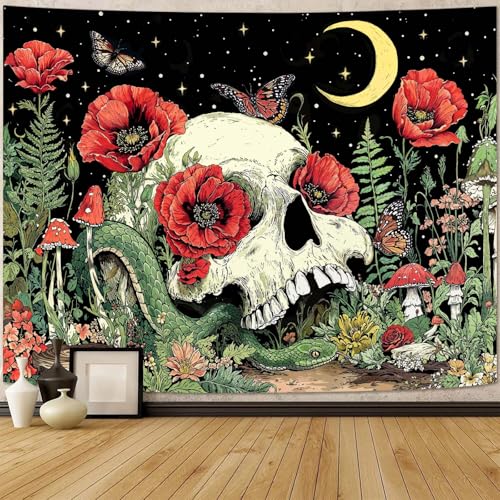 Accnicc Floral Skull Tapestry Vintage Flower Gothic Skeleton Tapestries Wall Hanging Mushroom Butterfly Plant Snake Horror Large Tapestry for Bedroom Living Room Dorm 80 x 60 inch - color: Red Green, size: 80"L x 60"W