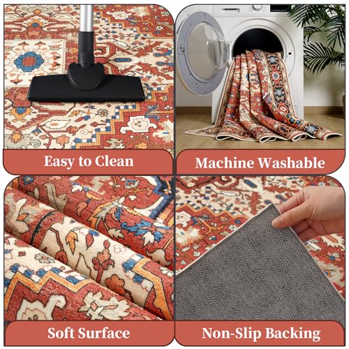Amearea Vintage Design Orange Area Rugs for Living Room, 4x6 Machine Washable Floral Collection Traditional Bedroom Rug, Low Pile Dinning Room Carpet, No Slip Office Kitchen Home Decor, Orange - color: Orange, size: 4' X 6' (Rectangular)