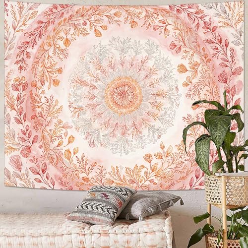 Wegklazax Watercolor Floral Mandala Tapestry, Soft Orange Botanical Wall Art for Room Decor, Cottagecore Aesthetic Home Decor 60" L x 44" W - color: Orange White, size: 60"L x 44"W