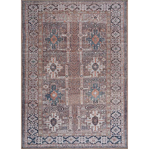 Bloom Rugs Washable Non-Slip 2' x 3' Rug - Brown/Blue/Orange Traditional Oriental Area Rug for Living Room, Bedroom, Dining Room, and Kitchen - Exact Size: 2' x 3' - color: Brown / Blue / Orange, size: 2' x 3' (Rectangular)