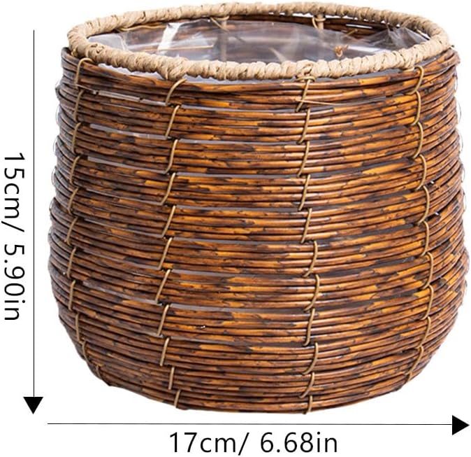 BESPORTBLE Rattan Flower Basket, Wicker Woven Planter with Plastic Liner, Small Trash Can, Round Plant Flower Pot for Bathrooms Kitchens Home Office 17cm