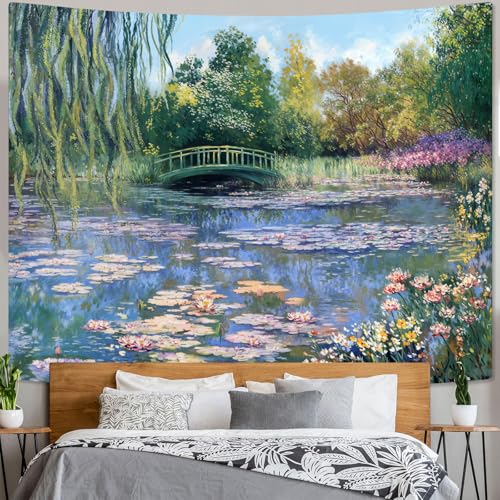 Accnicc Monet Water Lilies Tapestry Green Floral Plant Tapestries Aesthetic Monet Wall Art Posters Nature Flower Garden Landscape Small Tapestrys for Bedroom Living Room Dorm 60 x 44 Inch - color: Green Pink, size: 60"L x 44"W