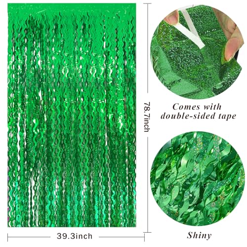 Green Tinsel Foil Fringe Curtains Wavy Backdrop for Party Sparkle Metallic Wavy Streamers Photo Booth Props for Birthday Dinosaur Animal St Patrick's Day Football Christmas Party Decorations - color: Green, size: 2 Pack
