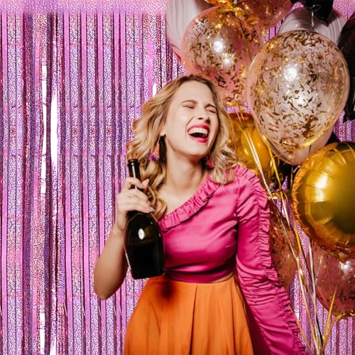 2 Pack 3.2ft x 8.2ft Pink Metallic Tinsel Foil Fringe Curtains Backdrop for Pink Party Birthday Wedding Bachelorette Baby Shower Holiday Party Decorations Photo Booth Props - color: Pink