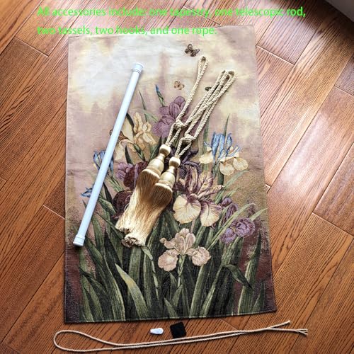 AureoMadis Vintage Floral Tapestry Wall Hanging Set with Telescopic Rod & Tassels - Jacquard Woven Fabric Aesthetic Flower Wall Tapestries for Bedroom/Living Room Decor Spring Botanical Art (27"x42") - color: Multicolored, with irises and butterflies