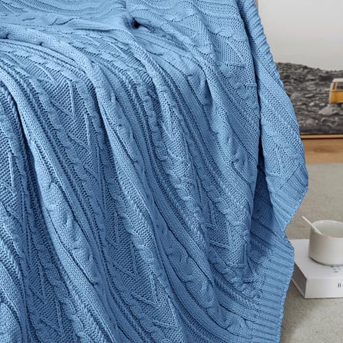 Aormenzy Dusty Blue Cable Knit Throw Blanket Queen Size for Bed Couch Sofa, Super Soft Cozy Knitted Blanket 90" x 90" Bed Blankets Full Size - color: Dusty Blue, size: 90" x 90", Queen