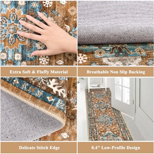 Pauwer Boho Hallway Runner Rug 2x6 Washable Entryway Area Rugs Non Slip Farmhouse Vintage Floor Mat Carpet Runner for Hallways Laundry Room Kitchen Bathroom Bedroom - color: Vintage Rust Teal, size: 2' x 6' (Runner)