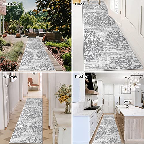 HEBE Hallway Runner Rug 2'x8' Washable Vintage Distressed Area Rugs Non Slip Laundry Rug Runner Boho Floor Carpet Runners for Hallways Entryway Laundry Room Kitchen Bathroom,Grey - color: Grey, size: 2' x 8' (Rectangular)