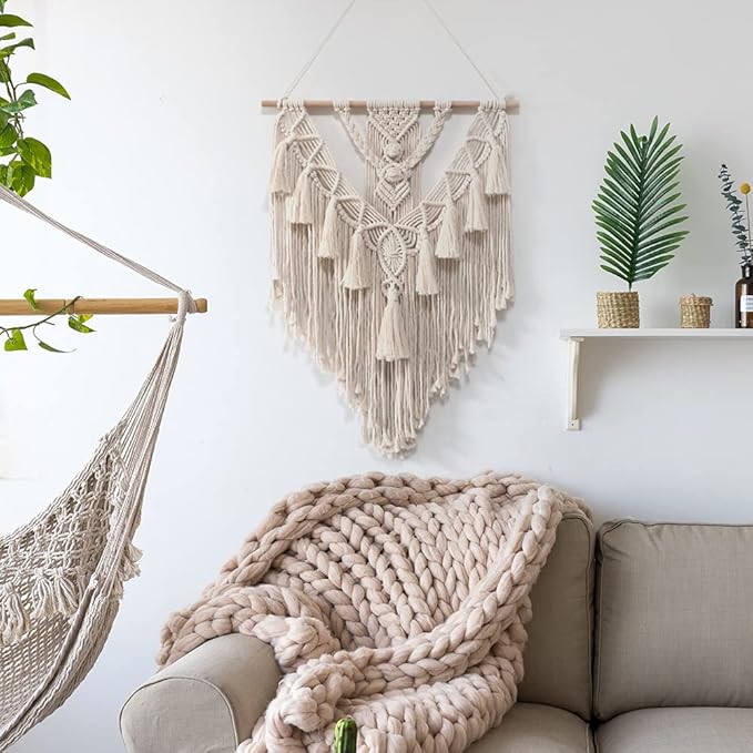 Macrame Wall Hanging, Handmade Boho Woven Wall Hanging with Tassel, Wall Decor for Bedroom Living Room Nursery Apartment (White)