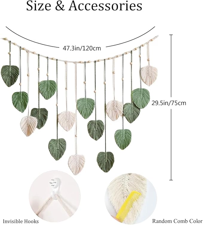 Macrame Wall Hanging, 47x29 inch Large Boho Woven Tapestry Wall Decor Chic Home Wall Art Modern Bohemian Handmade Green Leaf Feather Macrame Tapestry for Bedroom Apartment Living Room Backdrop Decor