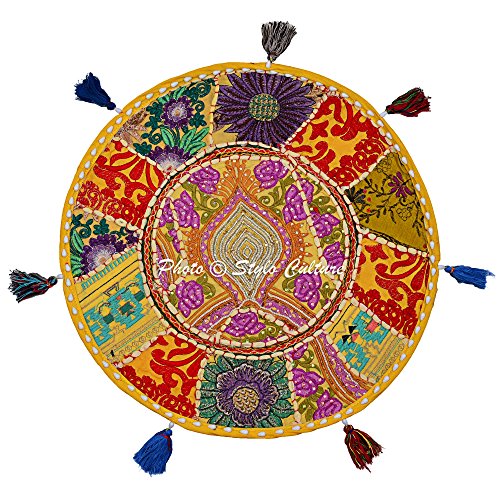 Ethnic Round Floor Cushion Vintage Bohemian Patchwork Cover Yellow Throw Pillow Cover 18 Small Decorative Decor Seating Tuffet Seat Pouf Cover Footstool Cotton Embroidered 1 Pc - color: Yellow
