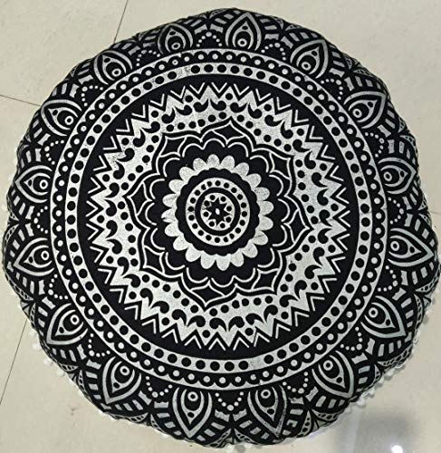 INDIAN CRAFT CASTLE 24" Black Silver Mandala Barmeri Large Floor Pillow Cover Cushion Meditation Seating Ottoman Throw Cover Hippie Decorative Zipped Bohemian Pouf Ottoman Pom Pom Cases 24" Round - color: Black Silver, style: 24 Inch Round