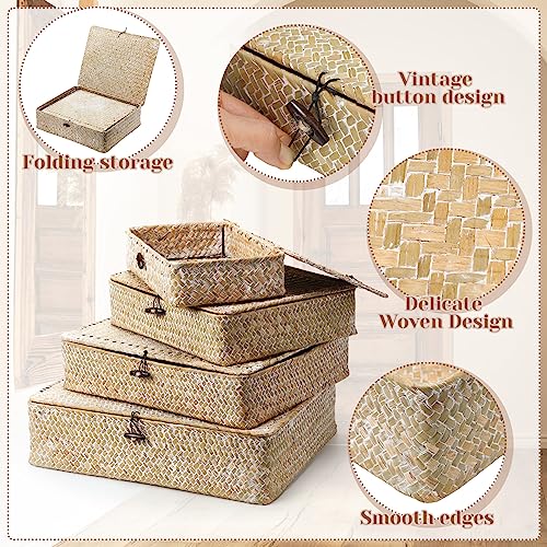 Didaey Set of 4 Seagrass Basket with Lid Wicker Storage Basket Decorative Storage Boxes with Lids Flat Storage Bins Woven Organizer Baskets for Shelf Closet Bedroom, 4 Sizes (White) - color: White