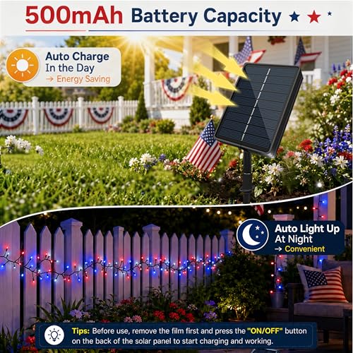 200LED Red White and Blue Lights Outdoor, 20ft 4th of July Decorations Solar String Lights with 8 Modes, Patriotic Solar Light Waterproof for Independence Day Memorial Day Home Garden Party Yard Decor - color: Red White Blue, size: 200LED*1pc-solar